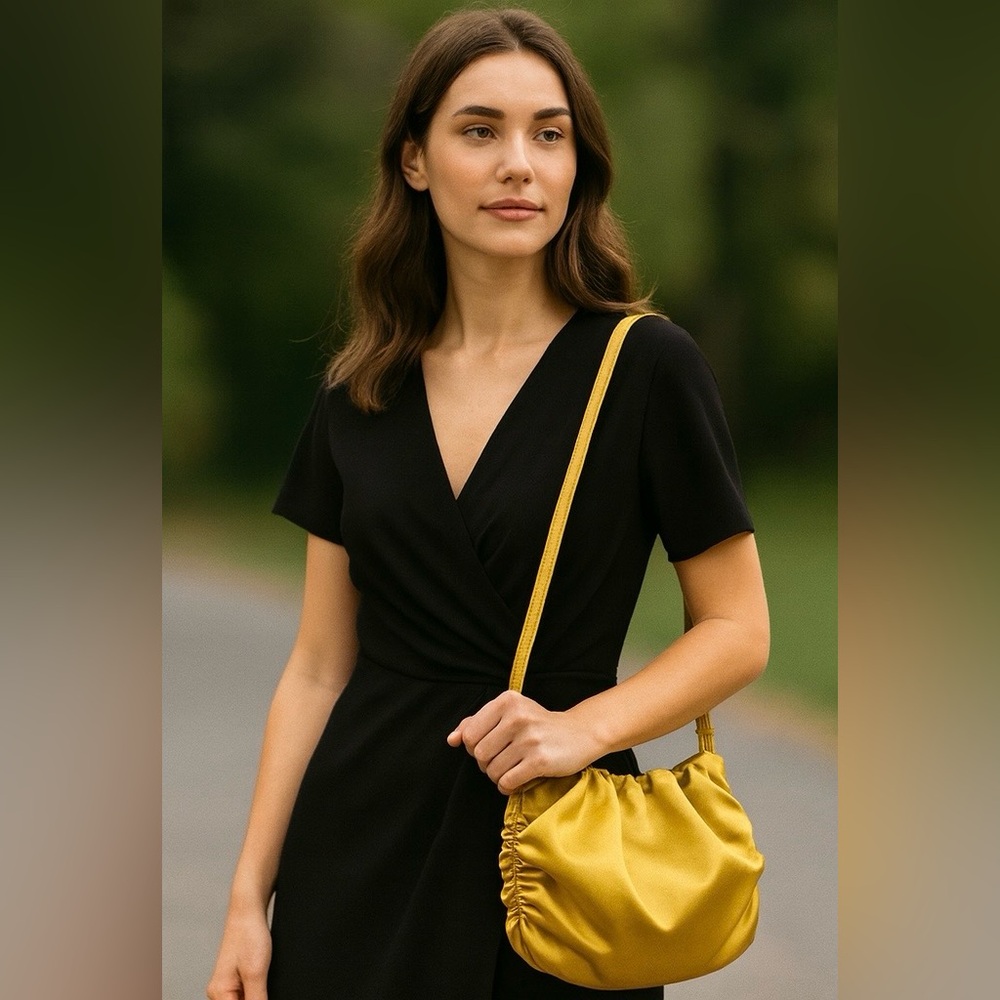ZARA Mustard Gold Ruched Satin Shoulder Bag Adjustable Straps Party Event Style